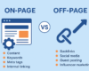 Flat-style infographic comparing On-Page SEO and Off-Page SEO.