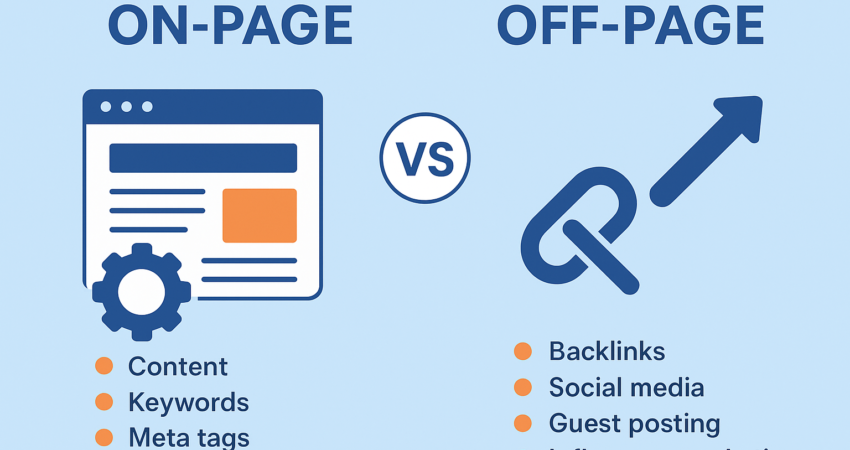 Flat-style infographic comparing On-Page SEO and Off-Page SEO.
