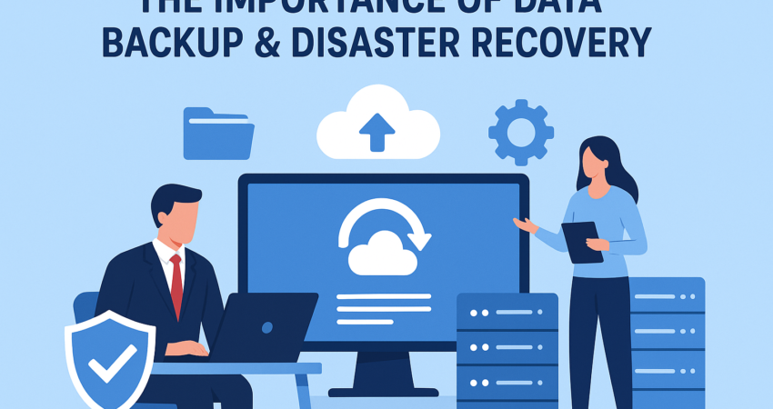Data backup and disaster recovery concept in flat design with business team, secure cloud upload, and server technology icons.