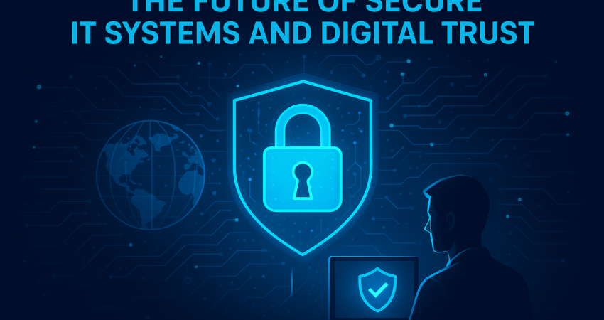 "Futuristic lock and shield symbolizing secure IT systems and digital trust."