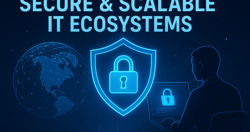 Futuristic illustration of secure and scalable IT ecosystems with a glowing shield, lock, globe, and person using a laptop