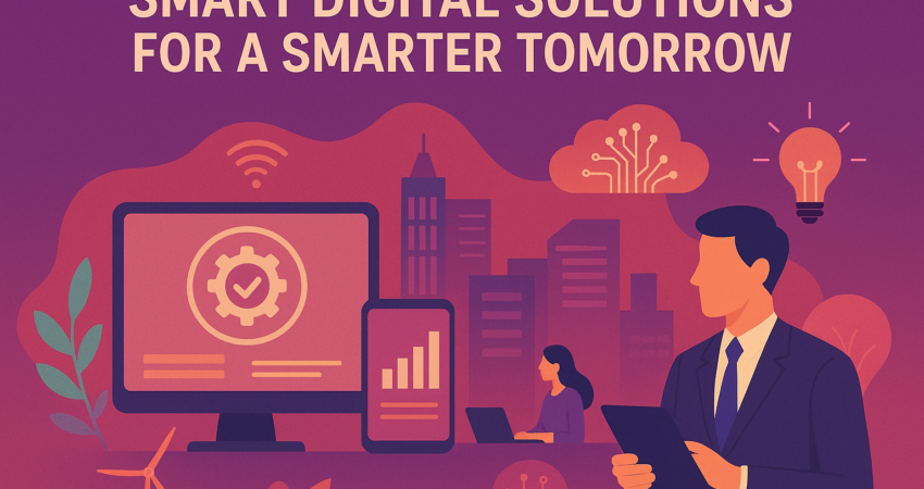 Smart digital solutions concept with people, devices, and cityscape in vibrant colors.