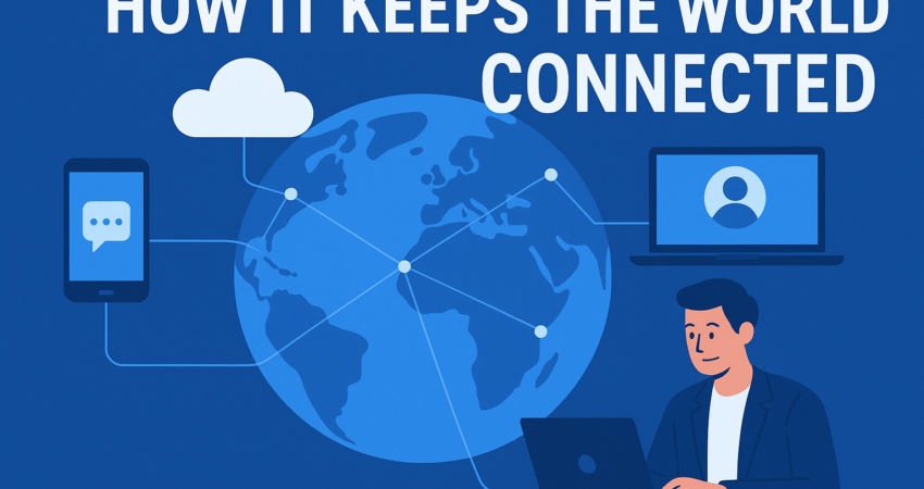 Illustration of a globe connected to a laptop, smartphone, and cloud icons with a person working on a laptop, symbolizing how IT keeps the world connected.