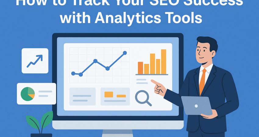 Business professional presenting SEO analytics on a computer screen with charts, graphs, and performance metrics, symbolizing tracking SEO success with analytics tools."
